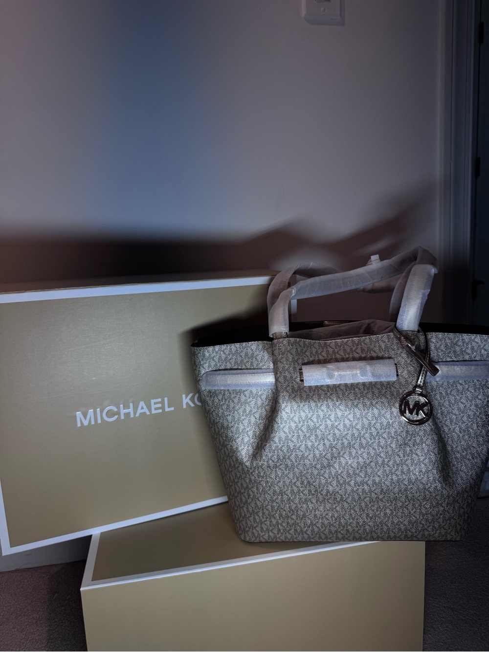 Michael Kors Taupe MK Logo Tote with Silver Charm